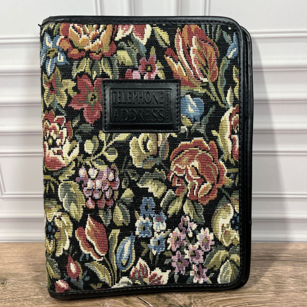 Day Runner Fact Centre Address Book Binder Black Floral Tapestry Vintage